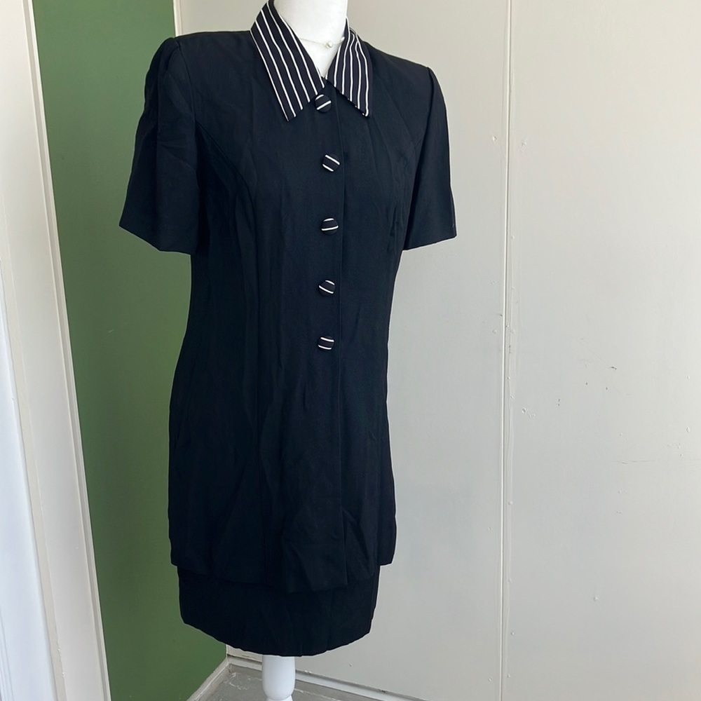 Vintage 80s 90s Striped Collar Black Dress